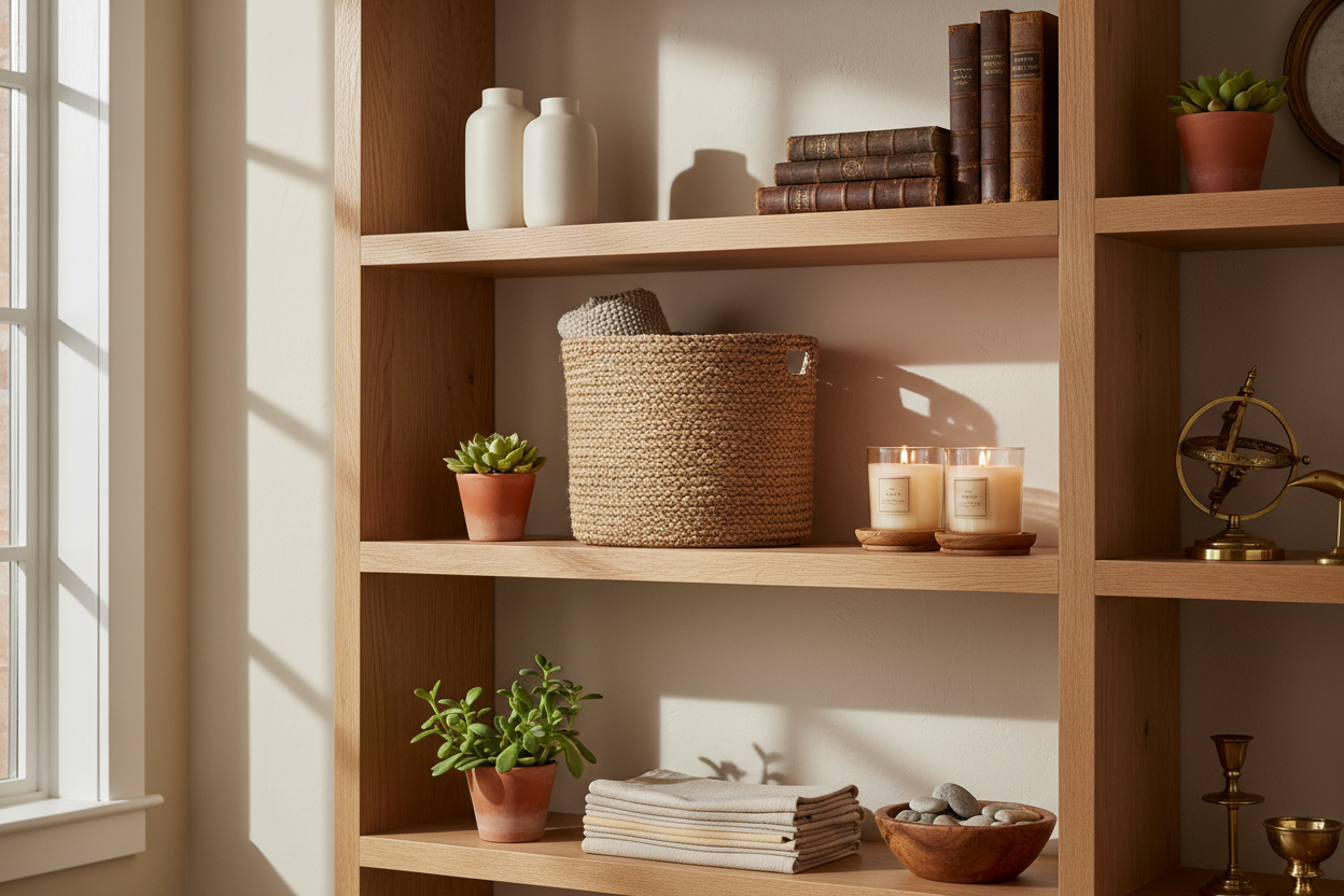 lifestyle/ homey attractive image that is realistic that has shelves with timeless products 